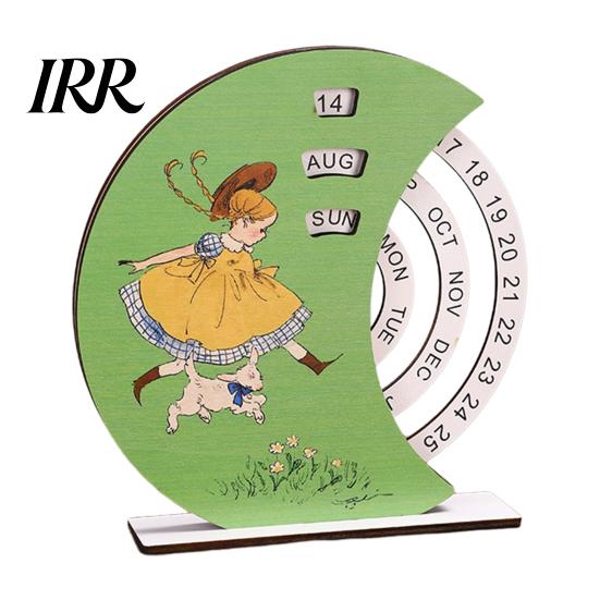 Childlike Girl Illustration Calendar Wooden Perpetual with Rotating Blocks Desktop Office Decor Desk Art Ornament Organizer Cute Motivational Gift for