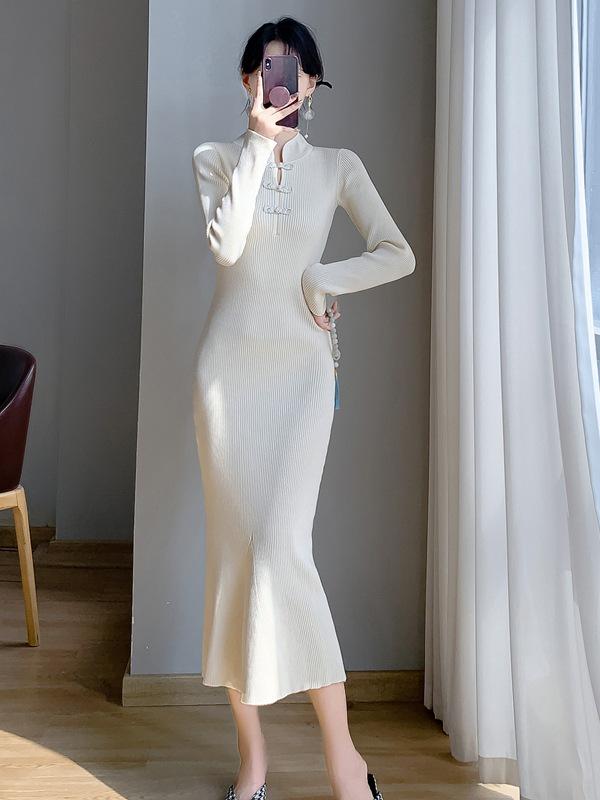 Осенне-зимнее ретро китайское платье ципао «рыбий хвост» вязаное для женщин