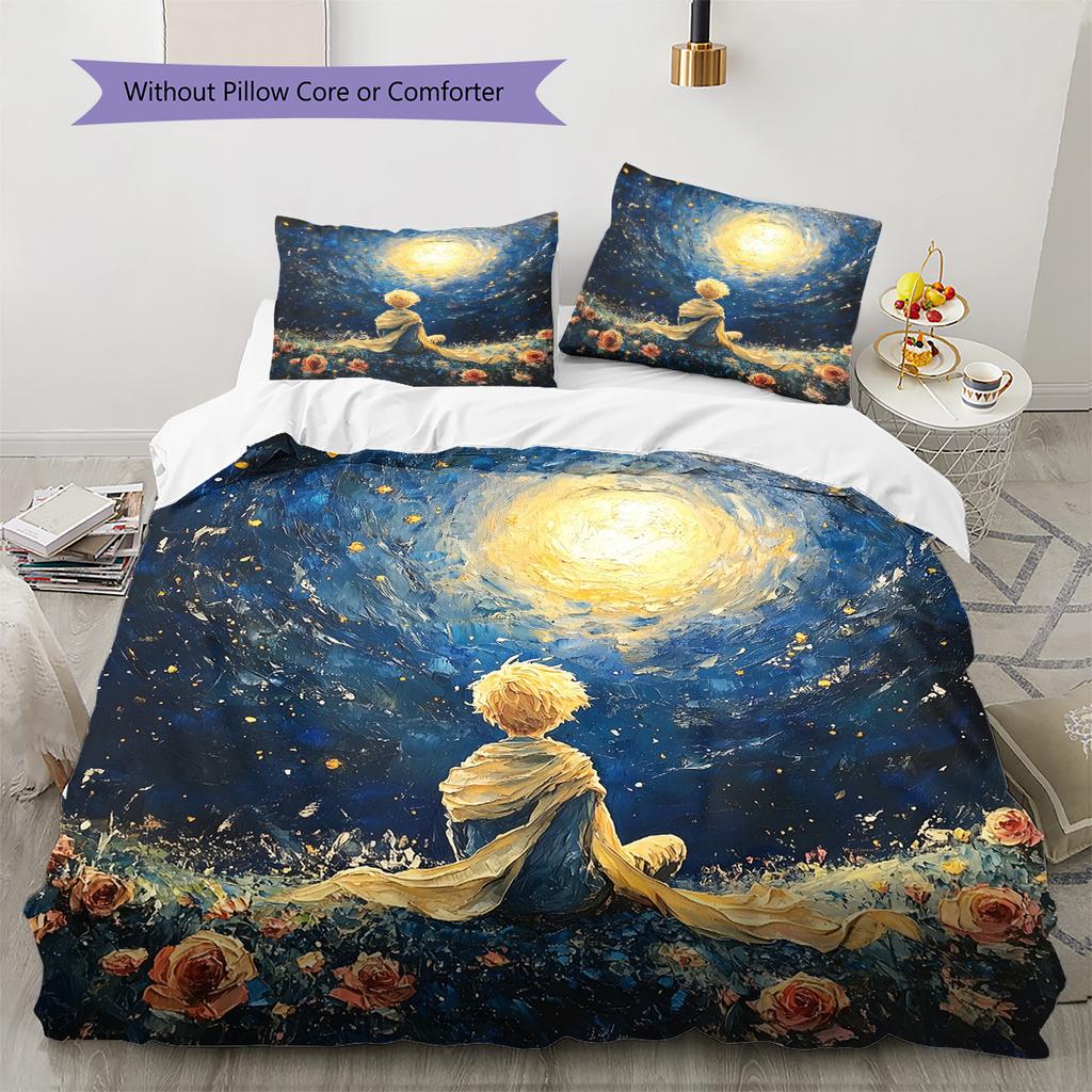 Boy and Animals at Night Pattern Bedding Quilt Set Quilt Cover Pillowcase Home Decoration Gift (1 * duvet cover + 2 * pillowcase, without core)