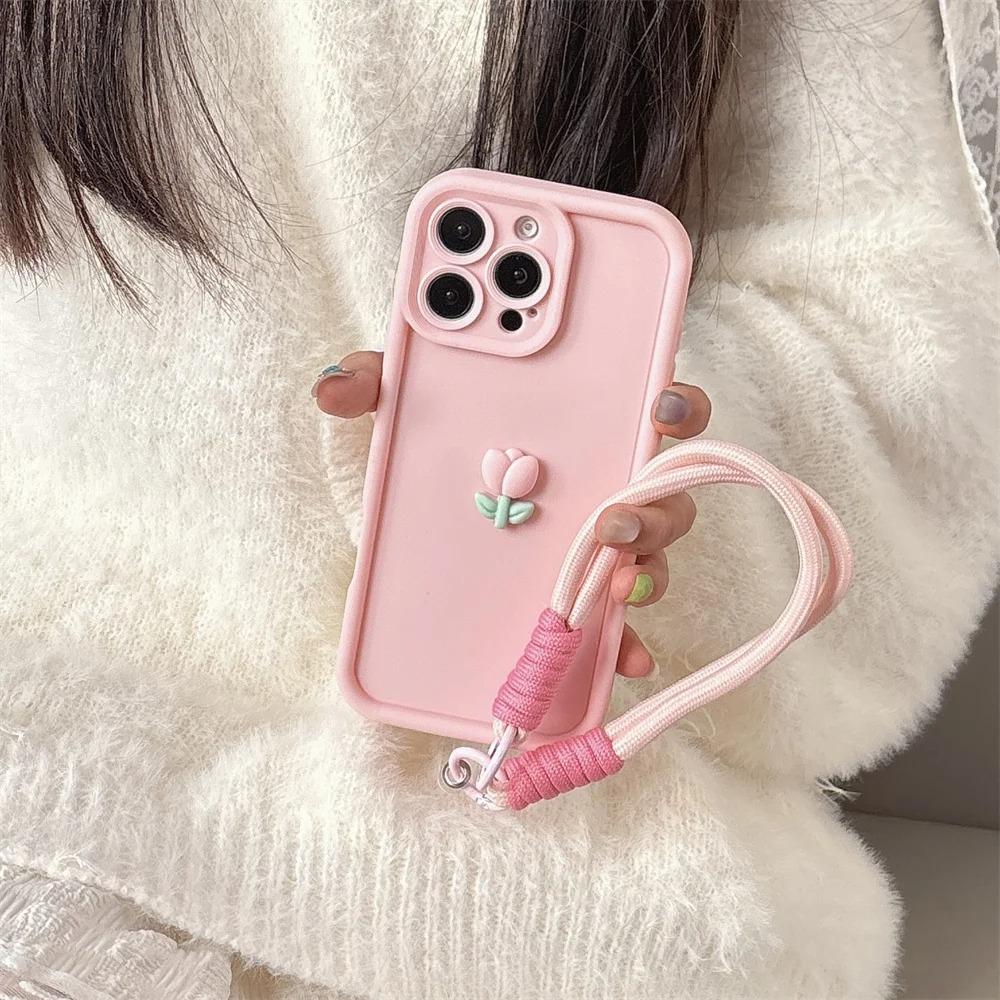 3D Милый Тюльпан Цветок Шнурок Веревка Чехол для Телефона Для iPhone 17 16 15 14 13 12 11 Pro Max 16E X XS XR 7 8 Plus Силиконовый Мягкий Чехол