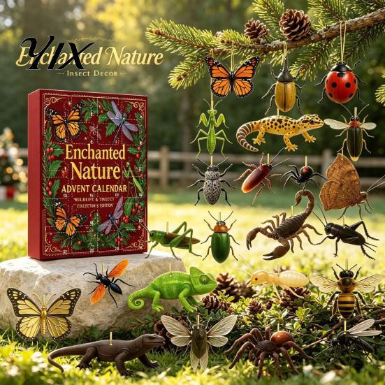 Reptile Collection Set 24-Day Christmas Countdown Calendar Box with 24 Insect And Acrylic Ornaments, 2D Wild Animal Figurines Flat Pendants
