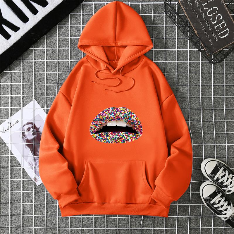 Fashion Lips Print Women Hooded Sweatshirt Casual Long Sleeve O Neck Loose Women Ladies Hooded Tops Clothes
