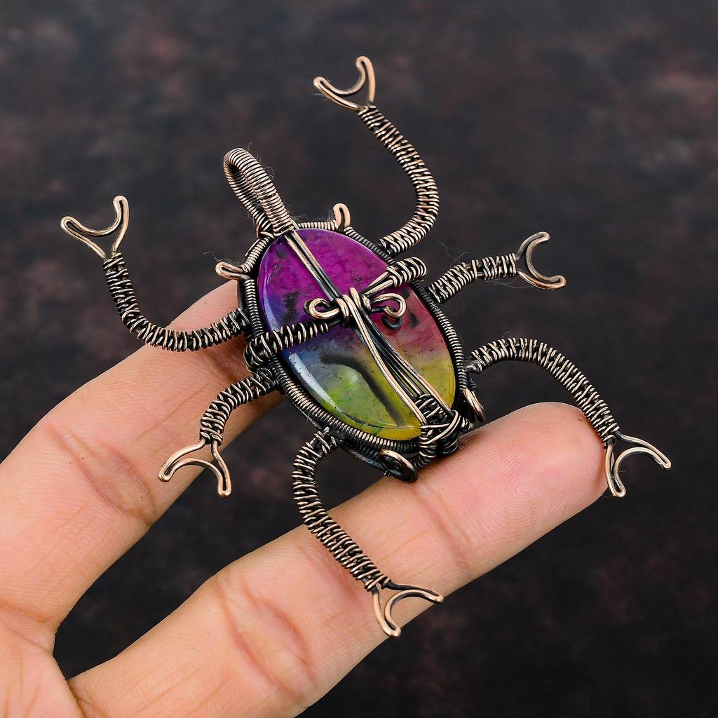 Радужный солнечный кварцевый кулон с друзами, медная проволока, обернутая ювелирными изделиями, кулон с жуком, кулон из медной проволоки, ювелирные изделия ручной работы, кулон с драгоценным камнем для подарка