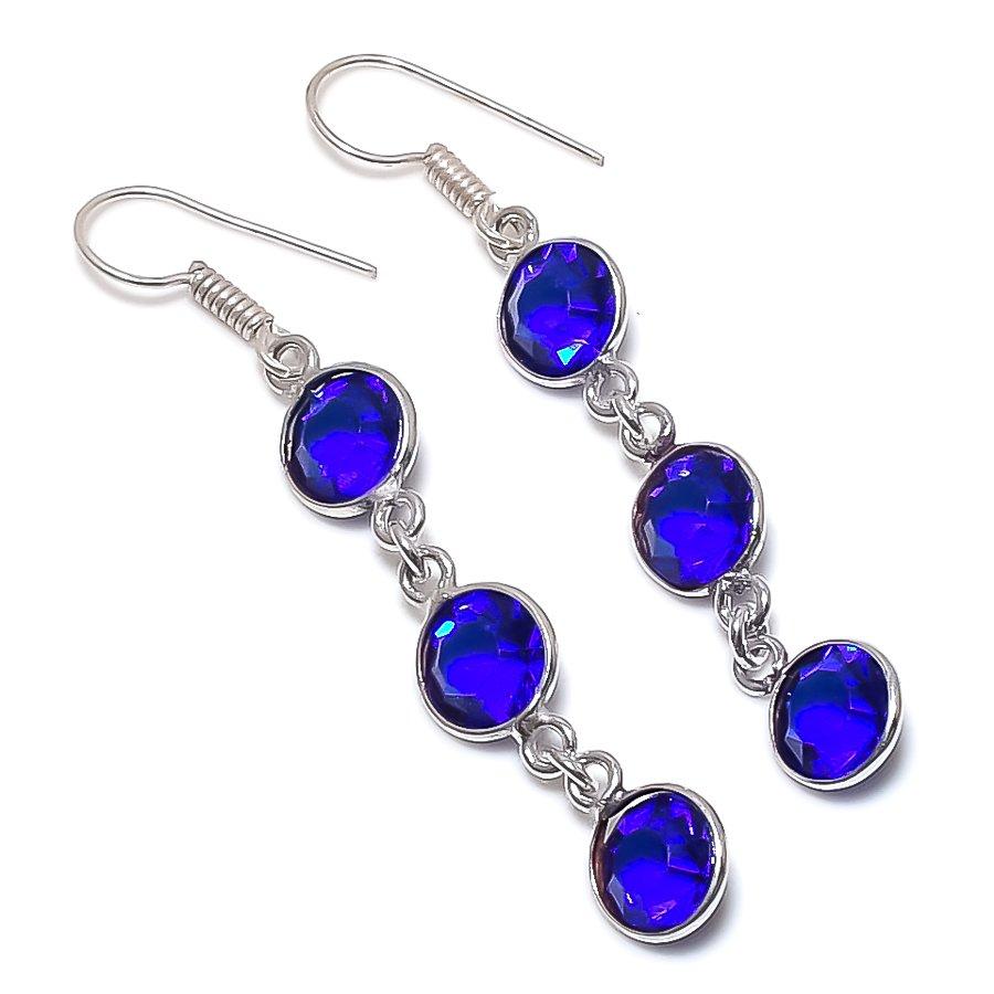 Натуральный Голубой Топаз Драгоценный Камень 925 Стерлинговое Серебро Ювелирное Изделие Серьга 2.25" r3m96