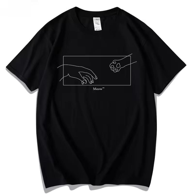 Minimal Line Art T‑Shirt Human Hand Cat Paw Touch Print Unisex Crewneck Casual Short‑Sleeve Aesthetic Cat Lover Streetwear Tops