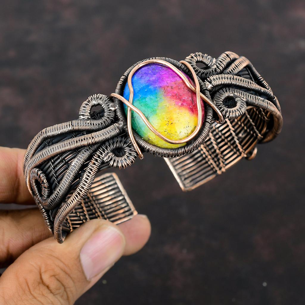 Rainbow Solar Quartz Druzy Bangle Copper Wire Wrapped Gemstone Cuff Bracelet Adjustable Bangle Handmade Bracelet Copper Jewelry Gift For Mom
