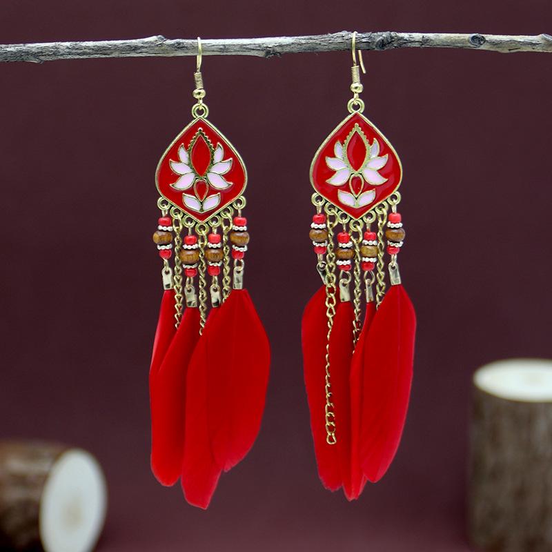 Этнический стиль длинные серьги с перьями и бахромой красные женские модные ретро-серьги в национальном стиле праздничные фотоукрашения