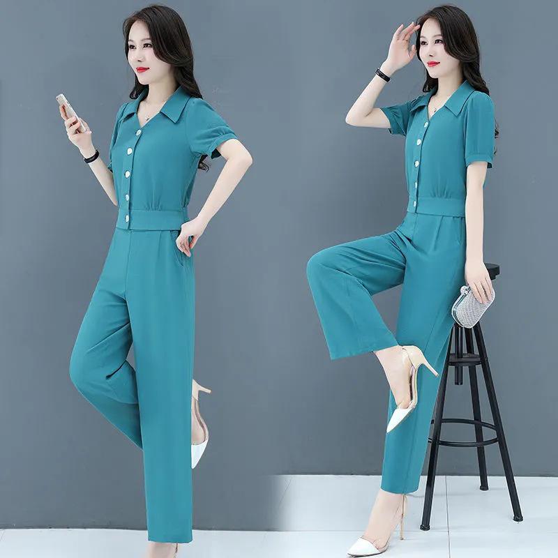 Модный женский летний шифоновый костюм-двойка 2025 - стильный омолаживающий комплект из рубашки и брюк для весны