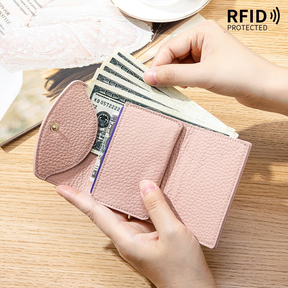 Маленький кожаный RFID-кошелек для женщин с отделением для монет, компактный трехскладной мини-карманный кошелек с отделением для купюр и держателями для карт