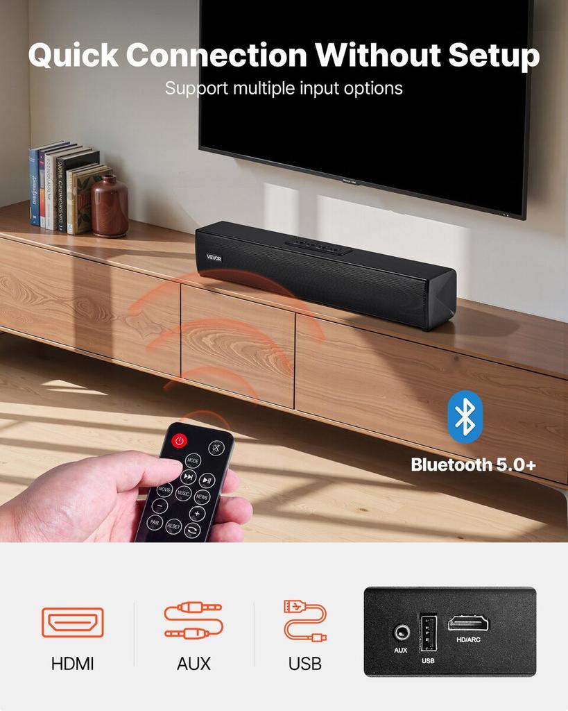 Sound Bar for Smart TV, 2.0 Channel, 450 mm Compact Soundbar TV Speakers for Projector, Bluetooth AUX Connection, Remote Control, Easy Setup, 80W