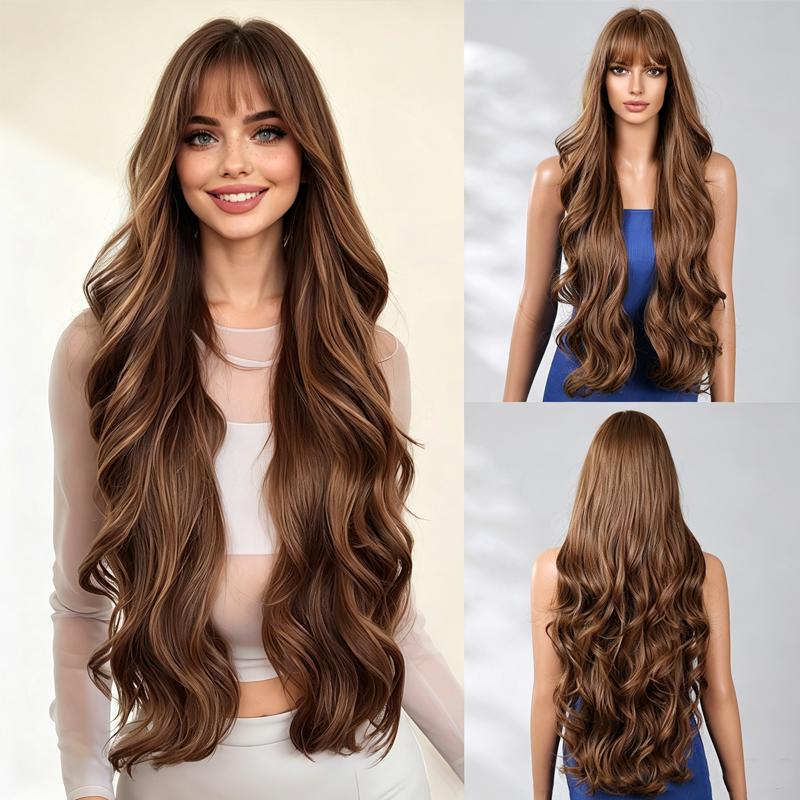 Long Wavy Wig with Curtain Bangs for Women Synthetic Hair Heat Resistant Fiber Daily Cosplay