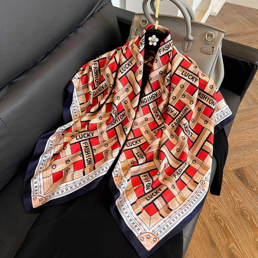 Color block silk scarf Korean version printing color matching scarf twill silk large square scarf 91x91cm shawl sunscreen travel headscarf