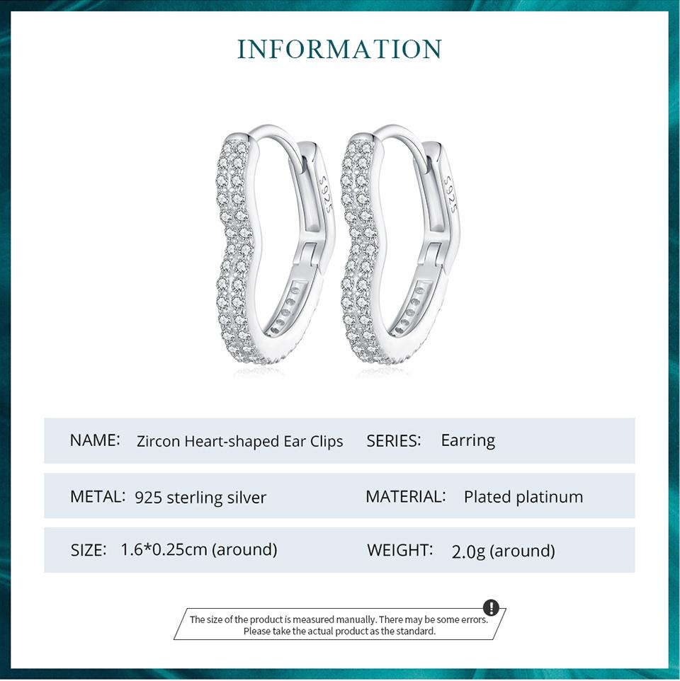 Bisaer 925 Sterling Silver Heart-shaped Ear Buckles Love Hoop Earrings Pave Setting CZ for Women Fine Jewelry Gift