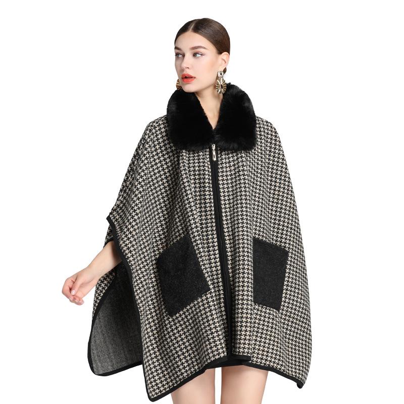 Зимняя женская накидка-шаль большого размера с меховым воротником и накидкой в клетку «Тысяча птиц» Свободный твидовый жакет