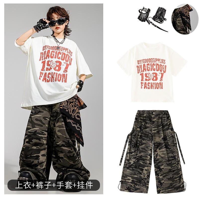 Kids Hip Hop Dance Outfit Set With Camo Cargo Pants Retro Print Tee Boys Girls Street Performance