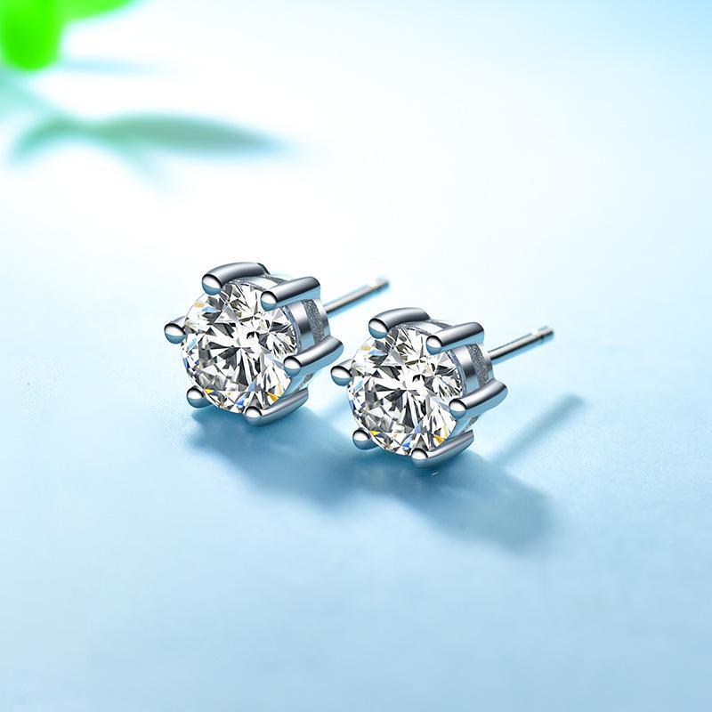 Simulated Moissanite One-Carat Princess Crown Six-Claw Silver Earrings