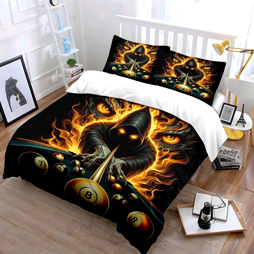 Fiery hooded figure, billiard balls. Bedding sets Duvet cover sets Duvet covers Pillowcases(1 * Duvet Cover 2 * Pillowcases without duvet insert)