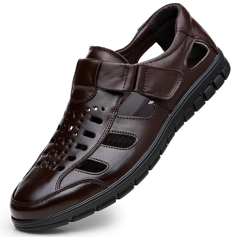 Летние мужские сандалии кожаные дышащие повседневные туфли с отверстиями из коровьей кожи износостойкие ажурные H400