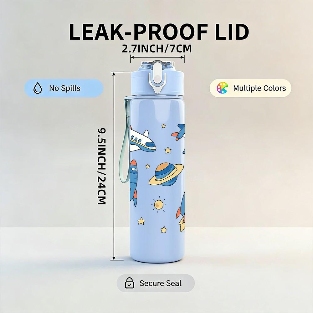 1PC Astronaut Rocket Sticker Pack 750ml Color Plastic Sports Water Bottle Leakproof Flip Straw Lid Suitable for Sports Office Home Use