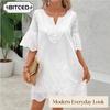 BITCED Fashion Solid Color Print 3/4 Sleeves V-Neck  Casual Dresses