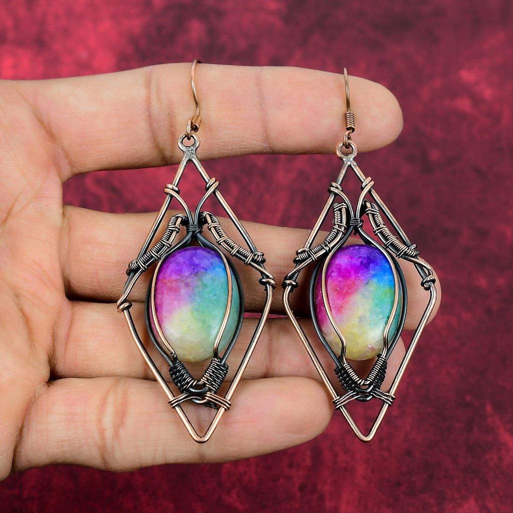 Rainbow Solar Quartz Druzy Earring Copper Wire Wrapped Gemstone Earring Antique Jewelry Handmade Earrings Copper Wire Jewelry Gifts For Her