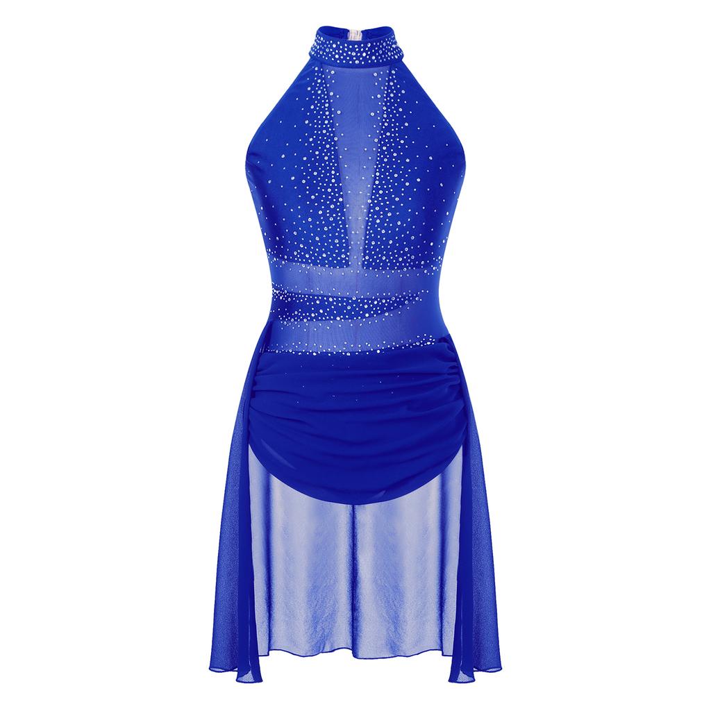 Womens Glittery Rhinestone Backless Dress Sheer Mesh Patchwork Design Mock Neck Lyrical Dance Leotard