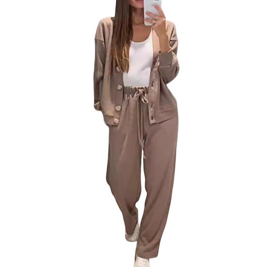 2 Pcs/Set Women Shirt Pants Set V Neck Single-breasted Long Sleeves Knitted Loose Top Drawstring Elastic