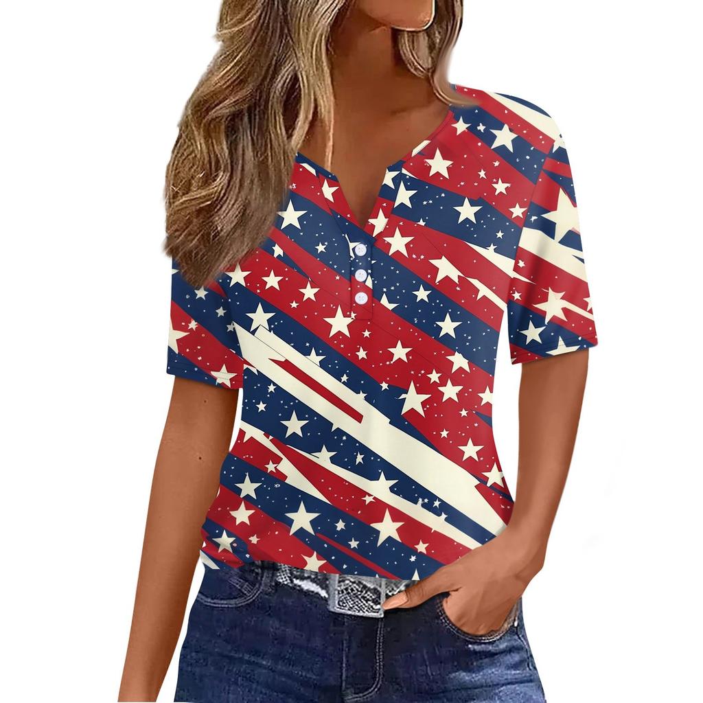 Women's T Shirt Independence Day Print Button Short Sleeve Daily Weekend Fashion Basic V- Neck Regular Top
