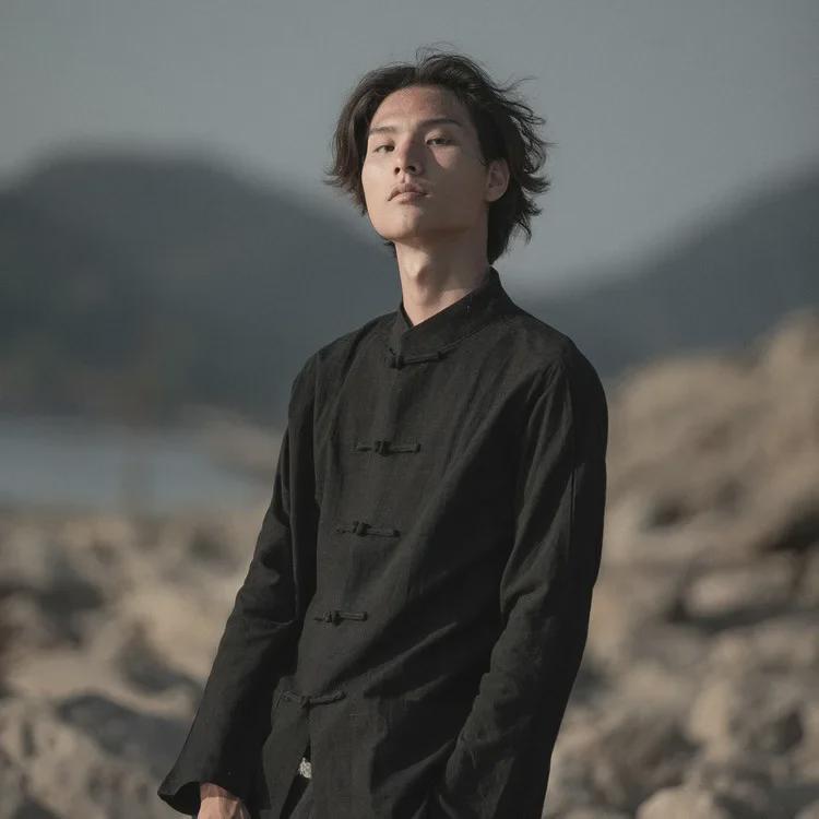 Мужской пиджак с длинными рукавами из хлопка и льна в стиле Тан - весенний пиджак Чжуншань в стиле ретро в китайском стиле