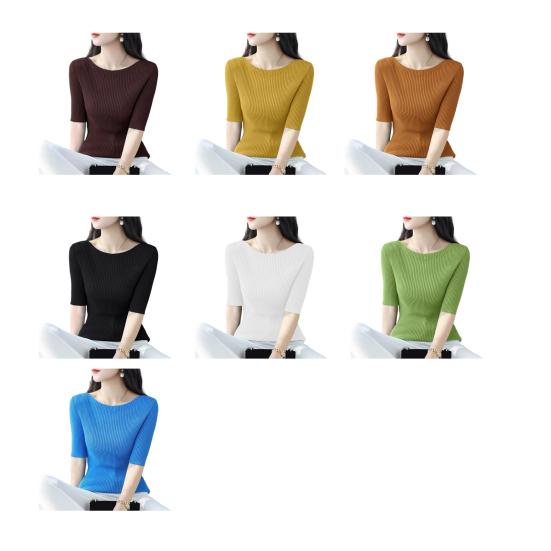 Женские топы Slim Fit, однотонные, ребристые, с круглым вырезом и коротким рукавом, эластичные, с короткими рукавами, топы для повседневной носки