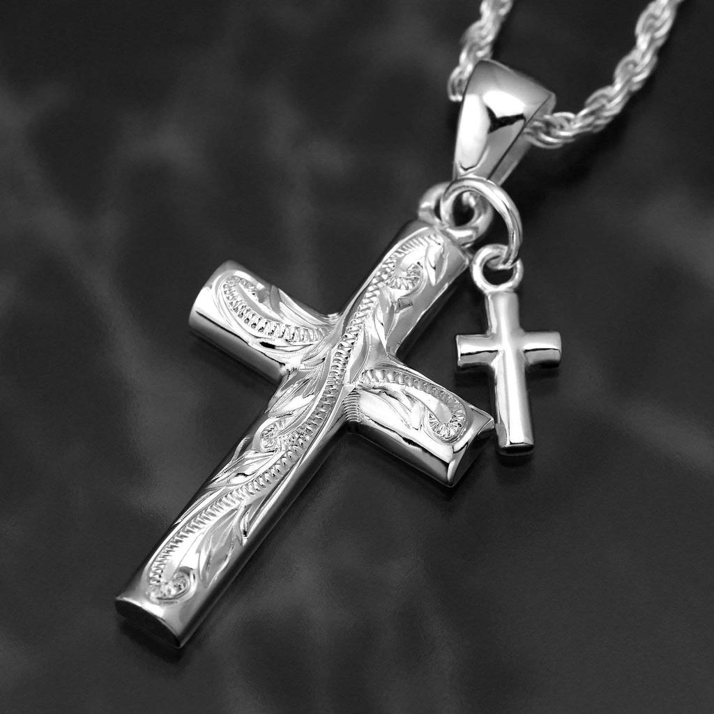 Leilani Hawaiian Jewelry Double Cross Scroll Pendant Necklace in Sterling Silver (40cm Rope Chain Included)