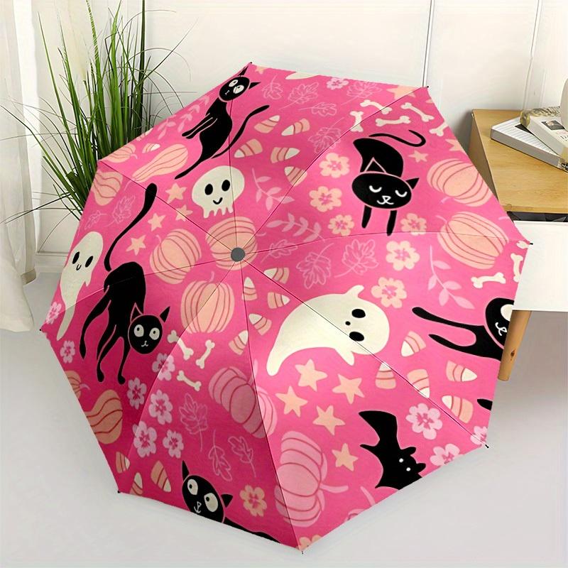1pc Halloween Cats Automatic Open/close Folding Compact Cute Umbrella, 8-Rib Sturdy Canopy, Lightweight Portable, Everyday Use, Gift,048