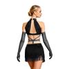 Women Latin Dance Fringed Dress Cutout Sleeveless Strappy Waist Tassel Hem Sequined Dress with Long Gloves