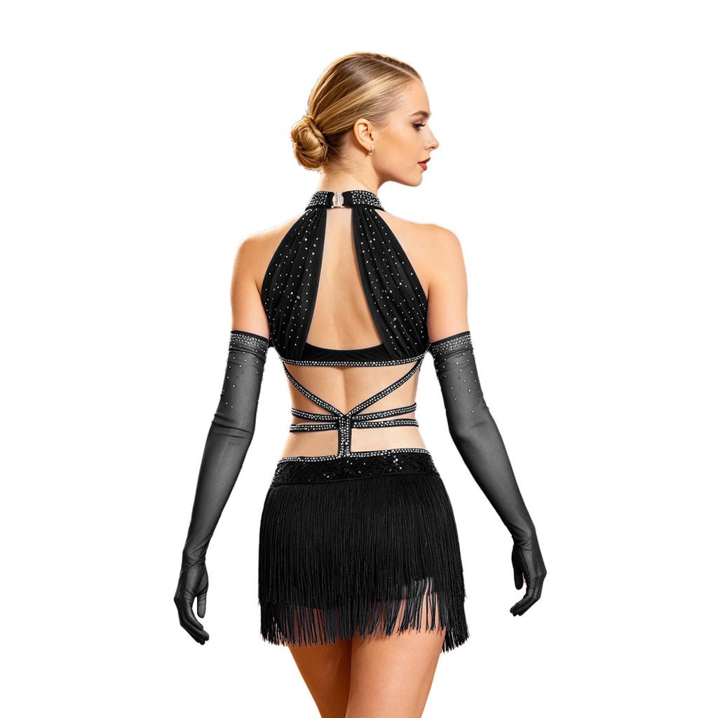 Women Latin Dance Fringed Dress Cutout Sleeveless Strappy Waist Tassel Hem Sequined Dress with Long Gloves