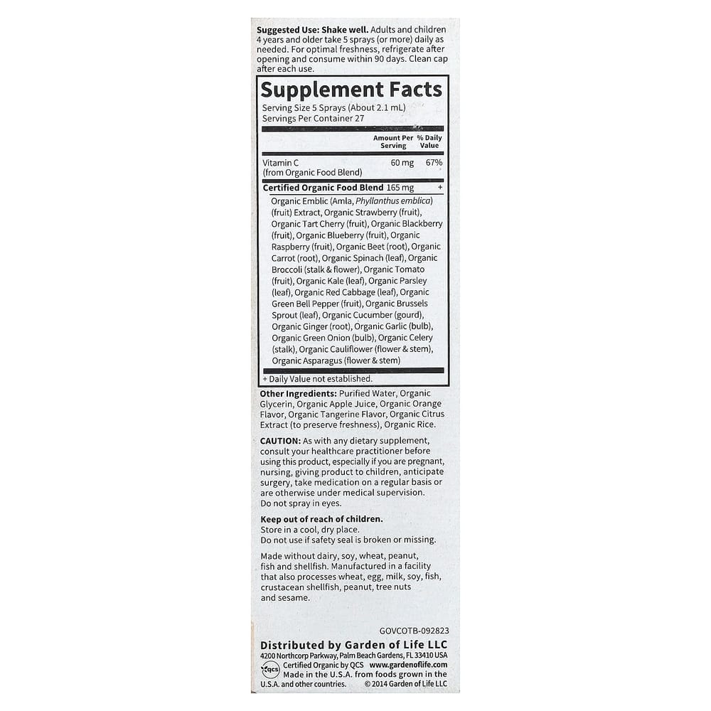 Garden of Life MyKind Organics Vitamin C Organic Spray, Orange-Tangerine, 58ml (2 fl oz)