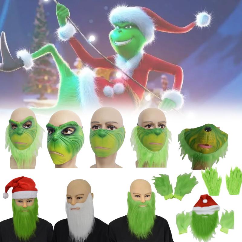 Маска Гринча на пол-лица с зелеными волосами и причудливым дизайном для рождественских празднований