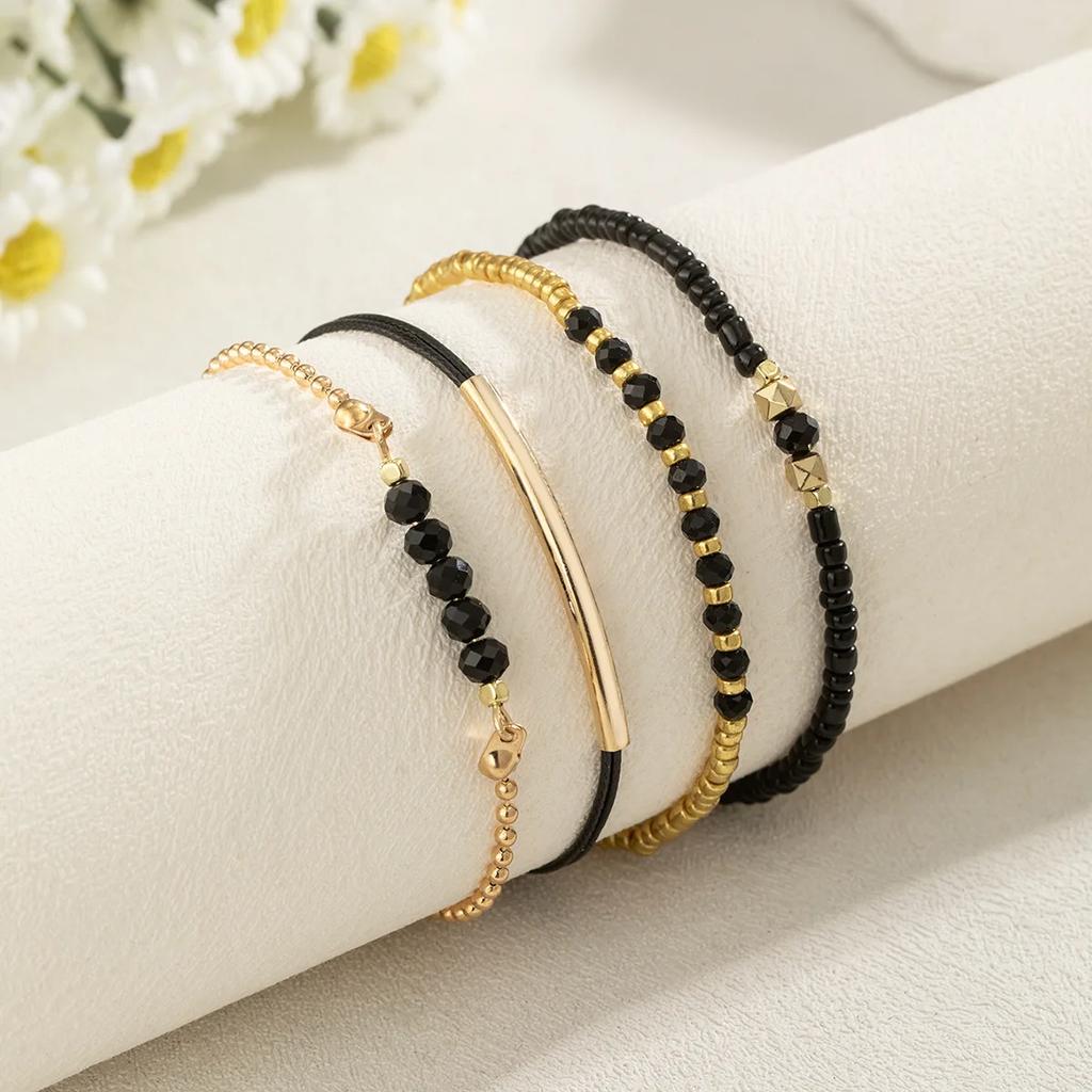 Handmade Black Glass Stone Bracelet Set For Women Simple Braided Rope Beads Chain Bangle Female Fashion Jewelry Accessories