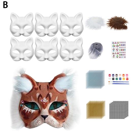 Yousheng DIY Therian Masque Kit Blank Hand Painted Half Face Cat Fox Masque with Fur Eye Mesh And Felt Sheet for Halloween Carnival Masquerade Party