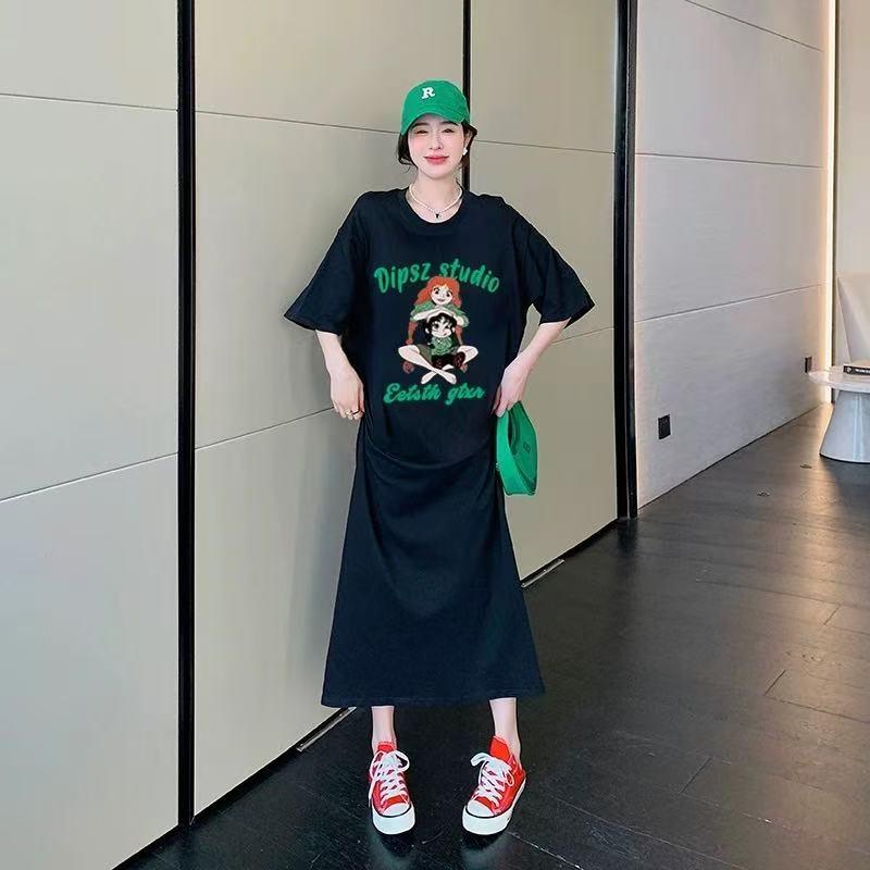 Женское платье-футболка с короткими рукавами и круглым вырезом, большого размера, свободного кроя, длинное, в стиле кэжуал, длиной до колена, для сна