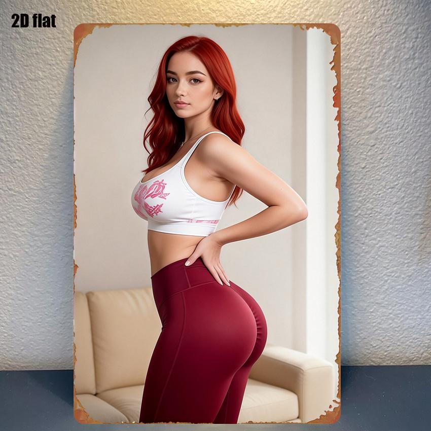 pc Red Long Hair Woman Fitness Metal Sign Predrilled xin Wall Art Decor for Living Room Bedroom