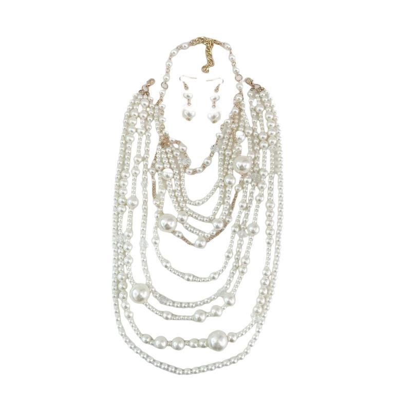 Элегантный многослойный набор ожерелья и серег из жемчуга для женщин с ручной вышивкой бисером и модным дизайном