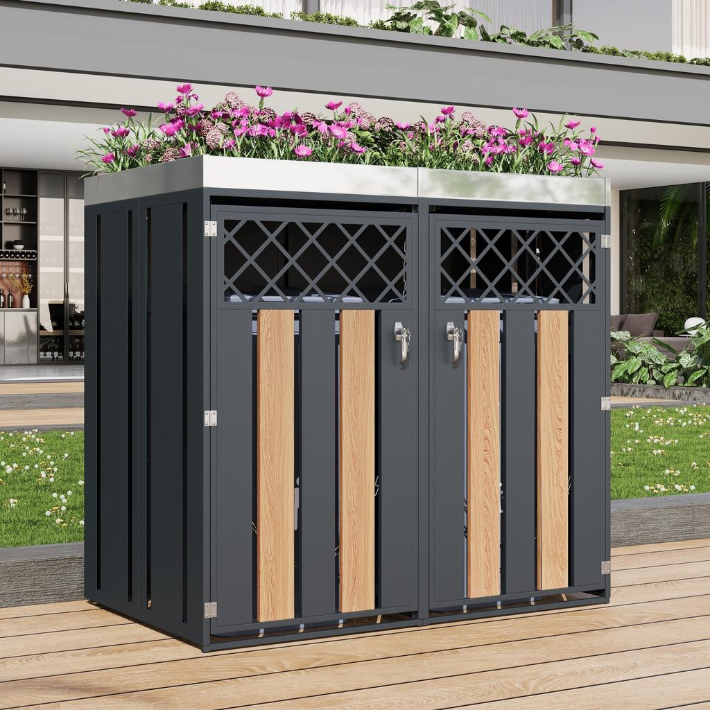 Trash Can Box, with Diamond-Shaped Ventilation Holes, Trash Storage Compartments, Lockable, Two Doors, Planting Area
