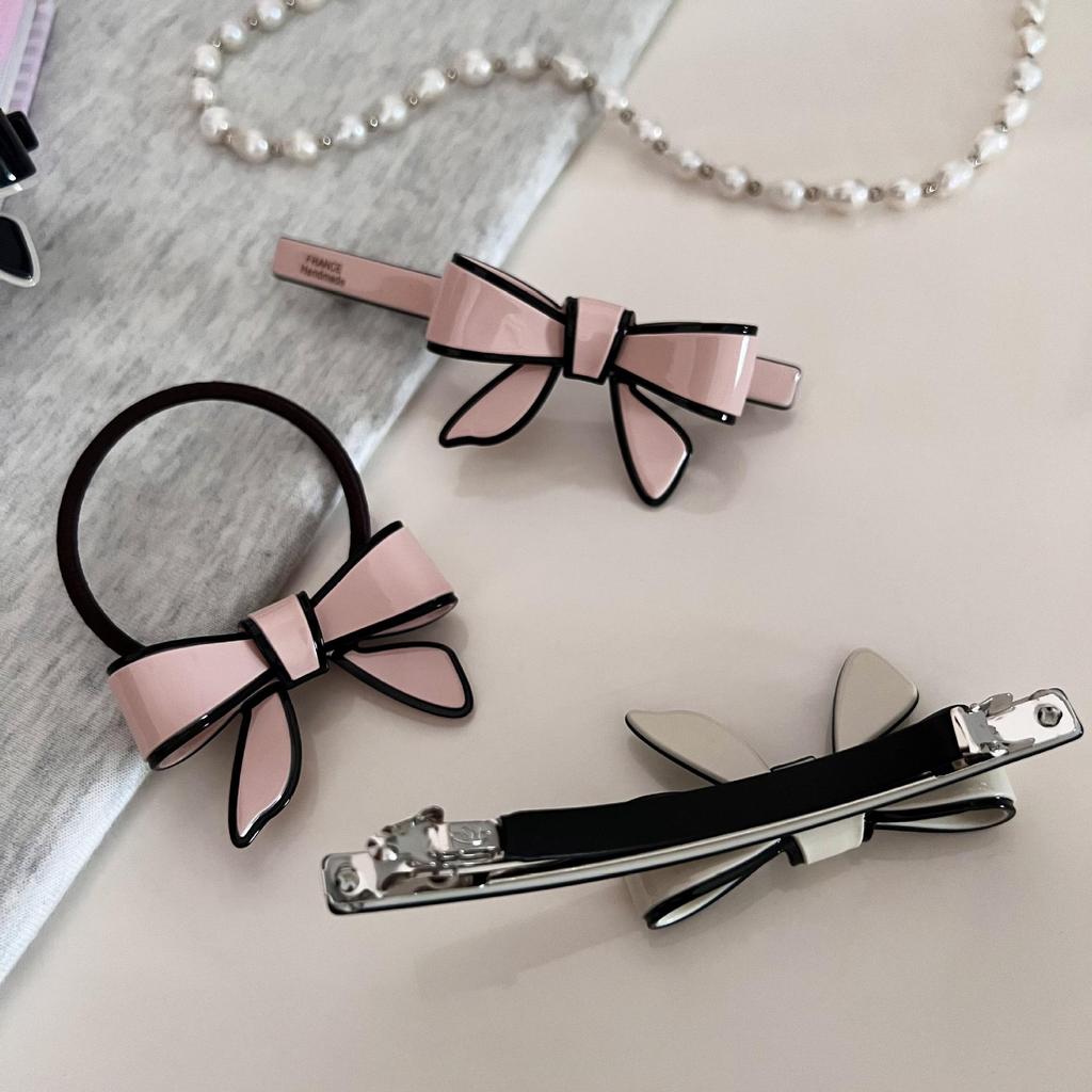 Elegant Acetate Bow Hairpin & Hairband Set - Black and White Clip with Hair Tie.