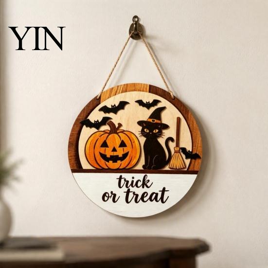 Halloween Door Sign Layered Round Hanger, 3D Pumpkin Ghost Owl Wood Welcome Sign, Handmade Farmhouse Front Wall Hanging Decor for Home Store