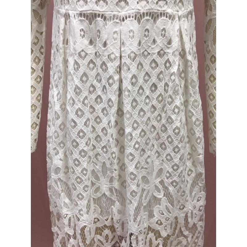 Women's Summer Round Neck Hollow Simple Lace Long Sleeve Slim Midi Dresses