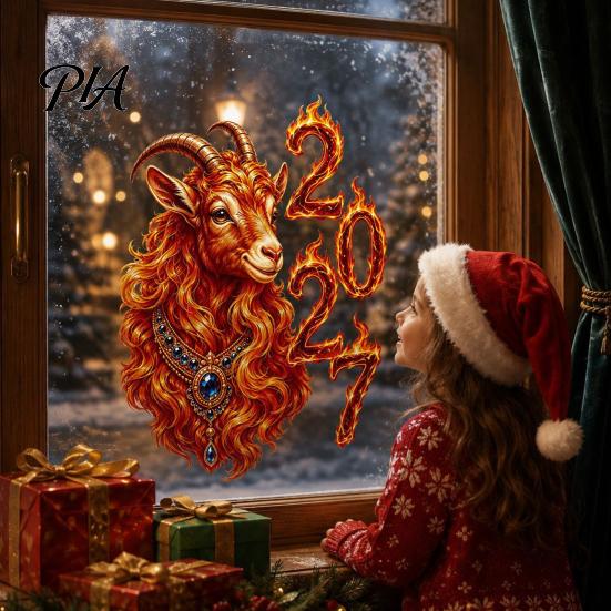 Christmas Glass Decoration Chinese New Year Window Stickers, 2027 Goat Static Clings, Clings Reusable Lunar Xmas Decor for Home Shop Decorative Film