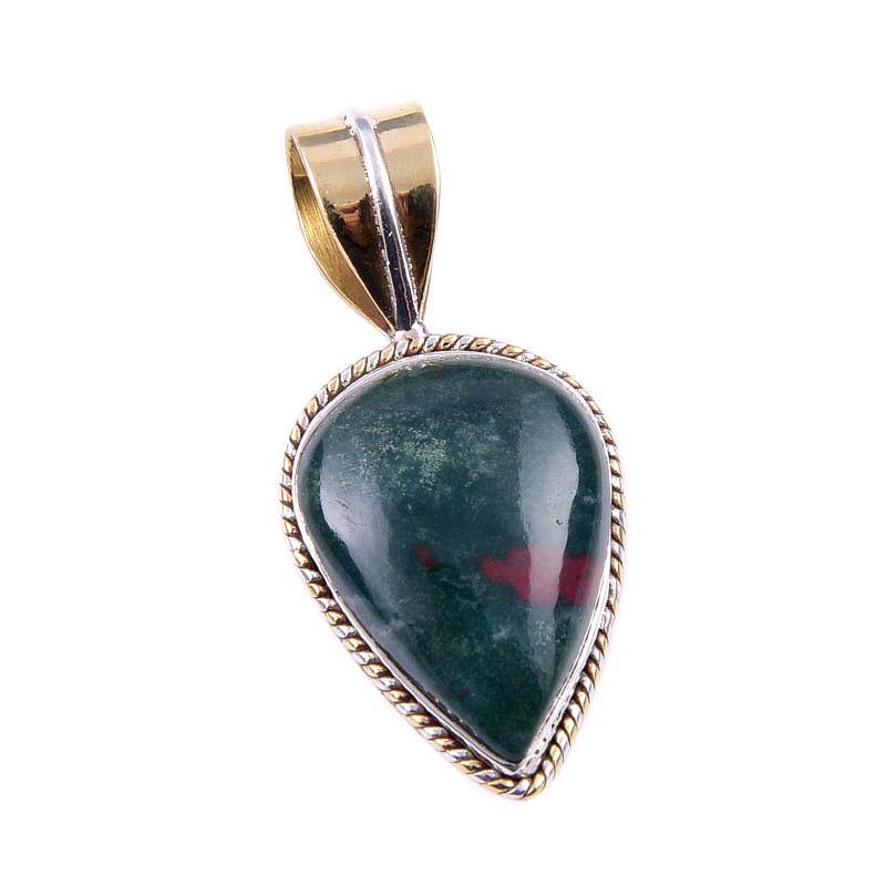 Natural Bloodstone Gemstone 925 Solid Sterling Silver TwoTone Pendant 1.25" C7q58