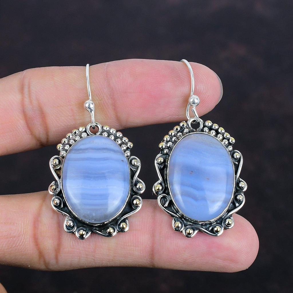 Blue Lace Agate Earrings Natural Gemstone Earring 925 Sterling Silver Earrings Handmade Jewelry Dangle Earring Wedding Gifts Amazing Earring