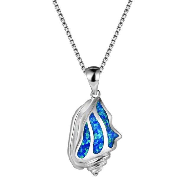Unique Ocean Conch White Blue Fire Opal Stone Pendant Necklaces For Women 925 Sterling Silver Animal Jewelry Chain Necklace Gift