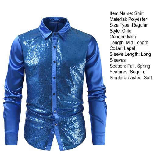 Мужская рубашка для выступлений с блестящими пайетками и отложным воротником, однобортная атласная рубашка с длинными рукавами и пуговицами для клубных вечеринок и сценических шоу